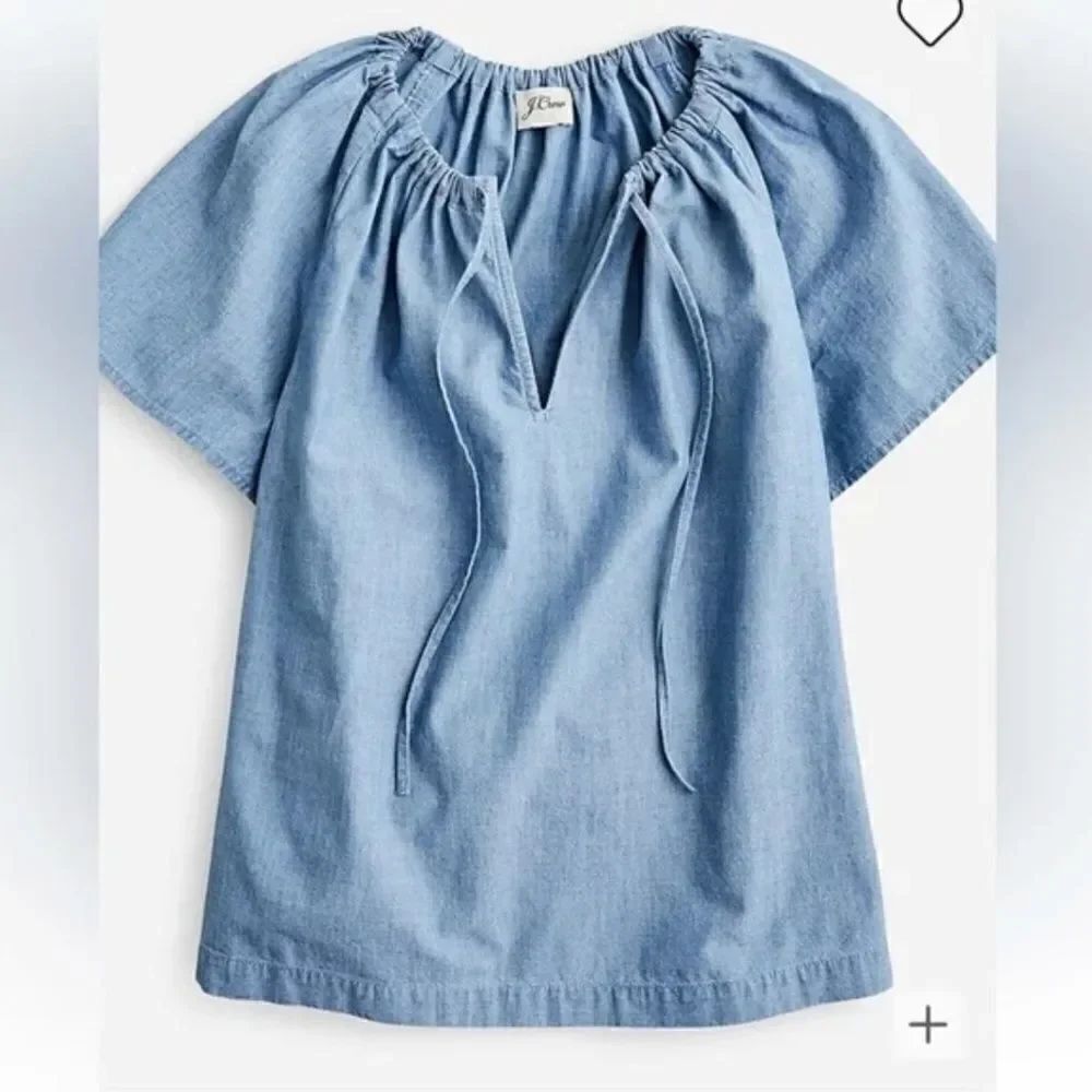 J. Crew Tie-Neck Chambray Ruched Top In Cranbury Blue Size Small